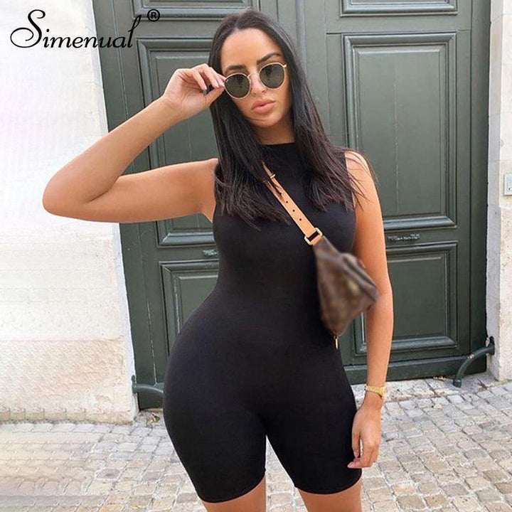 Simenual Casual Solid Fitness Sporty Rompers Women Sleeveless Fashion Active Wear Playsuits Workout Summer Biker Shorts Playsuit - isabellla