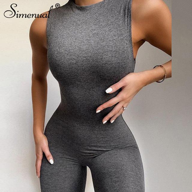 Simenual Casual Solid Fitness Sporty Rompers Women Sleeveless Fashion Active Wear Playsuits Workout Summer Biker Shorts Playsuit - isabellla