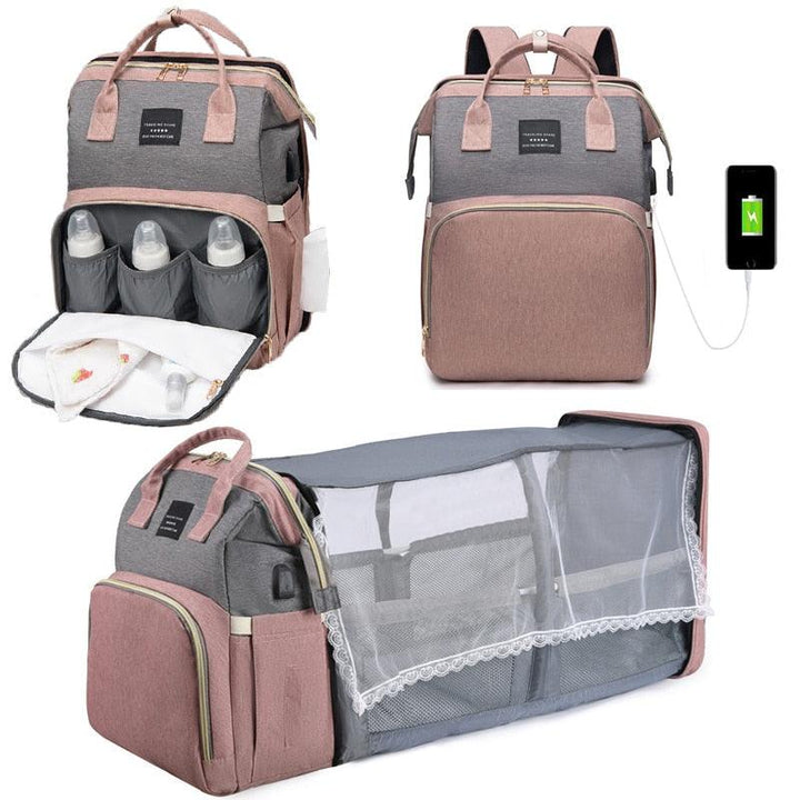 M&M 2-in-1 Backpack- Crib, Diaper Bag, Sun Shade, & USB Interface - isabellla