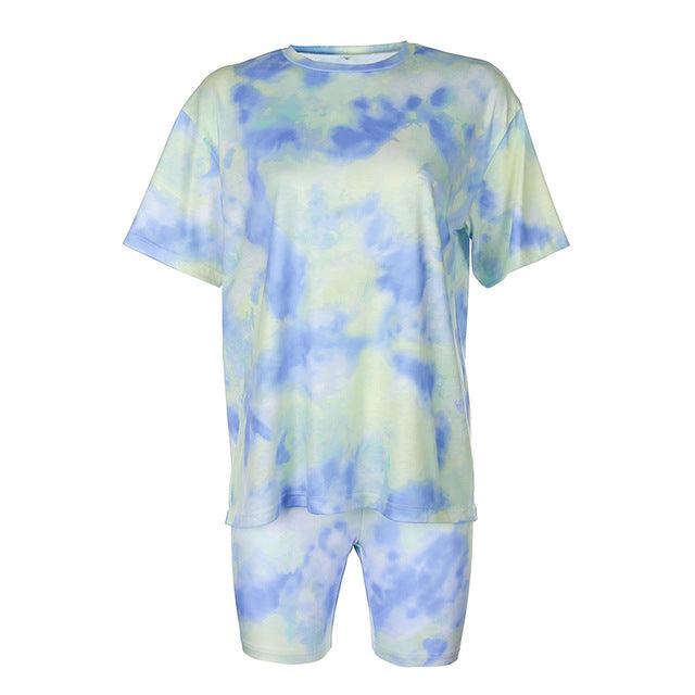 IAMHOTTY   Tie Dye Print Basic Tshirt Shorts Two Piece Set Women Casual Outfits lounge Wear Jogging Femme Biker Shorts Tees Summ - isabellla