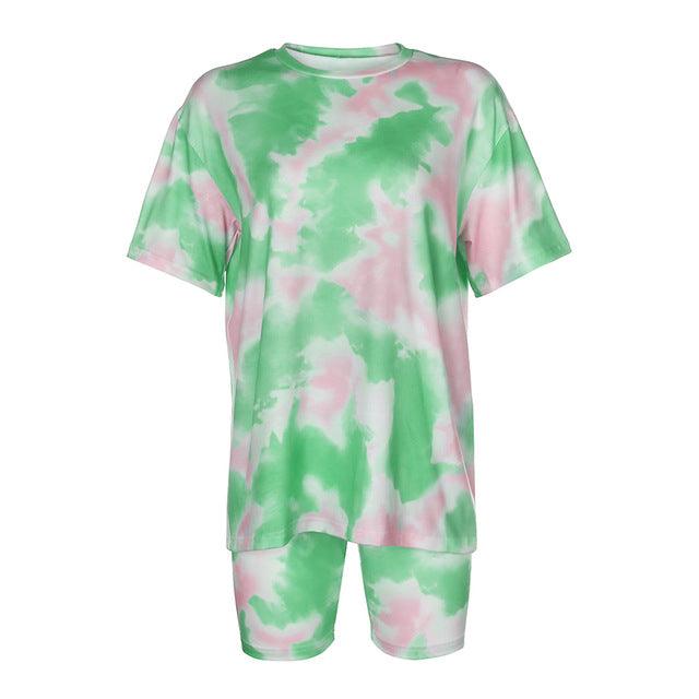 IAMHOTTY   Tie Dye Print Basic Tshirt Shorts Two Piece Set Women Casual Outfits lounge Wear Jogging Femme Biker Shorts Tees Summ - isabellla