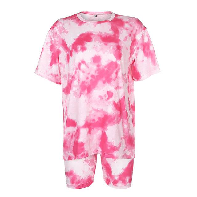 IAMHOTTY   Tie Dye Print Basic Tshirt Shorts Two Piece Set Women Casual Outfits lounge Wear Jogging Femme Biker Shorts Tees Summ - isabellla